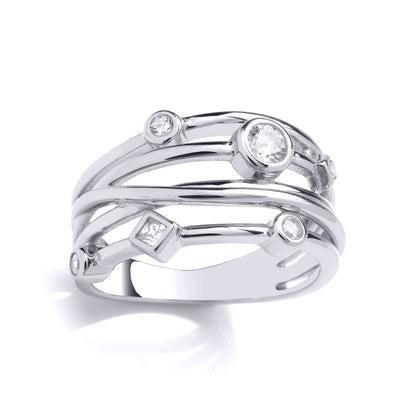 Silver  Princess CZ Multiple Band Crossover Cluster Stacker Ring - GVR965