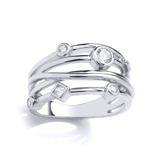 Silver  Princess CZ Multiple Band Crossover Cluster Stacker Ring - GVR965