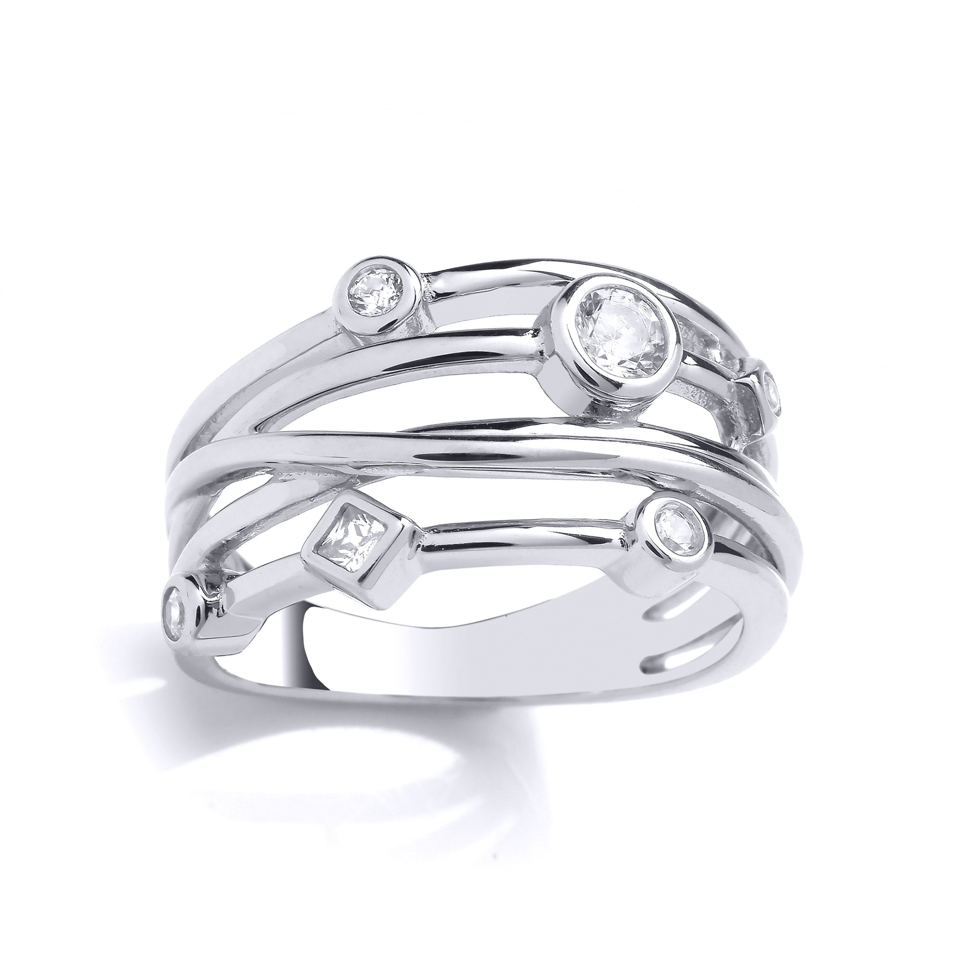 Silver  Princess CZ Multiple Band Crossover Cluster Stacker Ring - GVR965