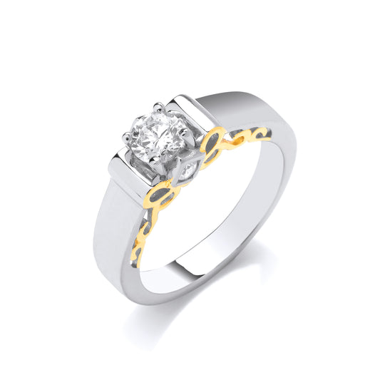 Gilded Silver  Ribbon Scroll Collared Flat Band Solitaire Ring - GVR968