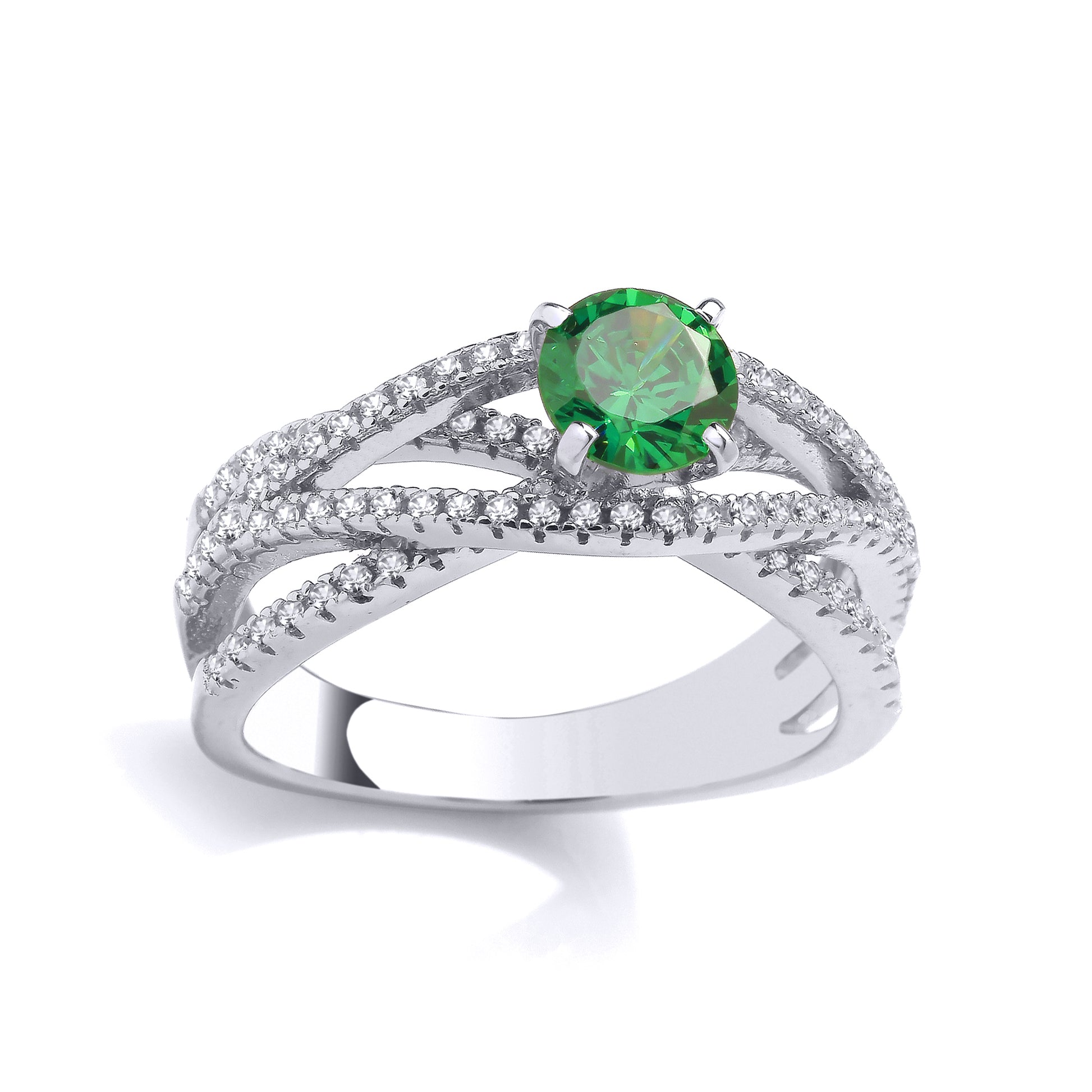 Silver  Green CZ Split Overlap Crossover Solitaire Cocktail Ring - GVR969