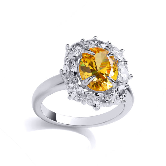 Sterling Silver  Yellow Oval CZ Wreath Halo Cluster Cocktail Ring - GVR974