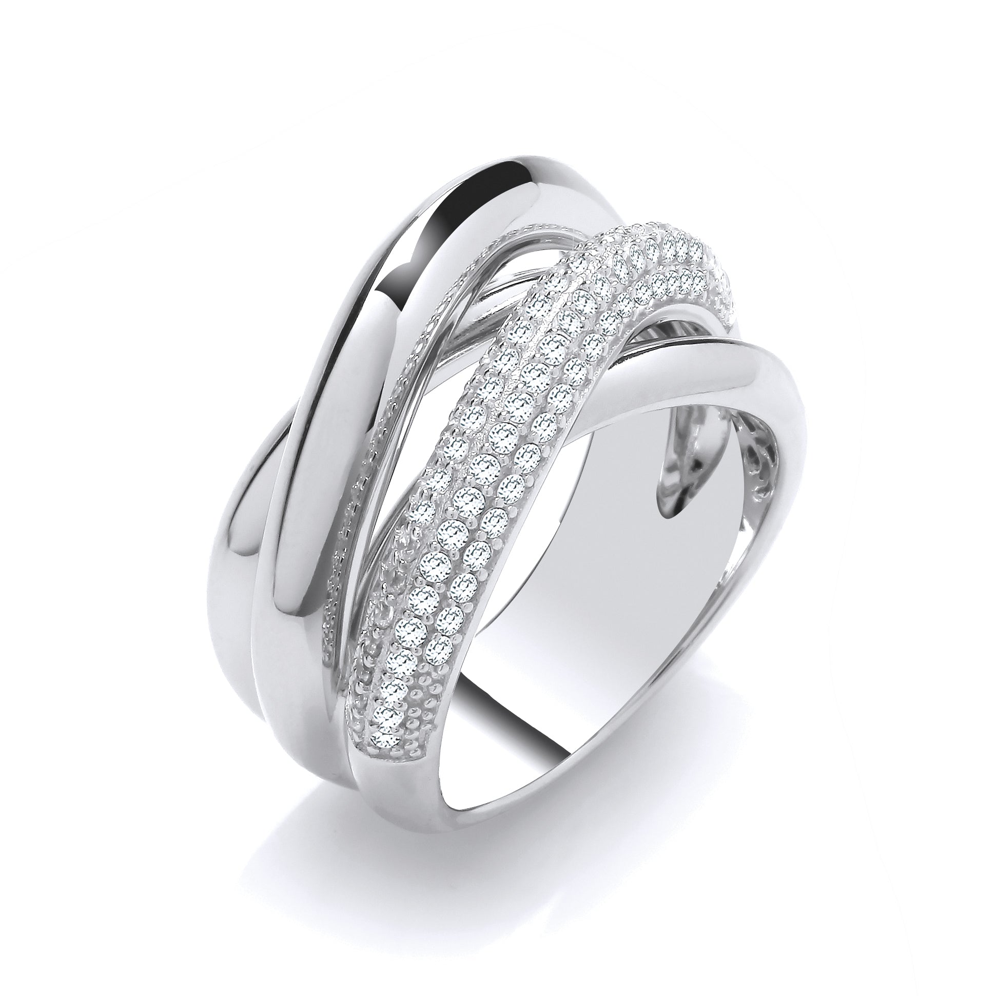 Silver  3 Way Pave Crossover Russian Cocktail Ring - GVR979