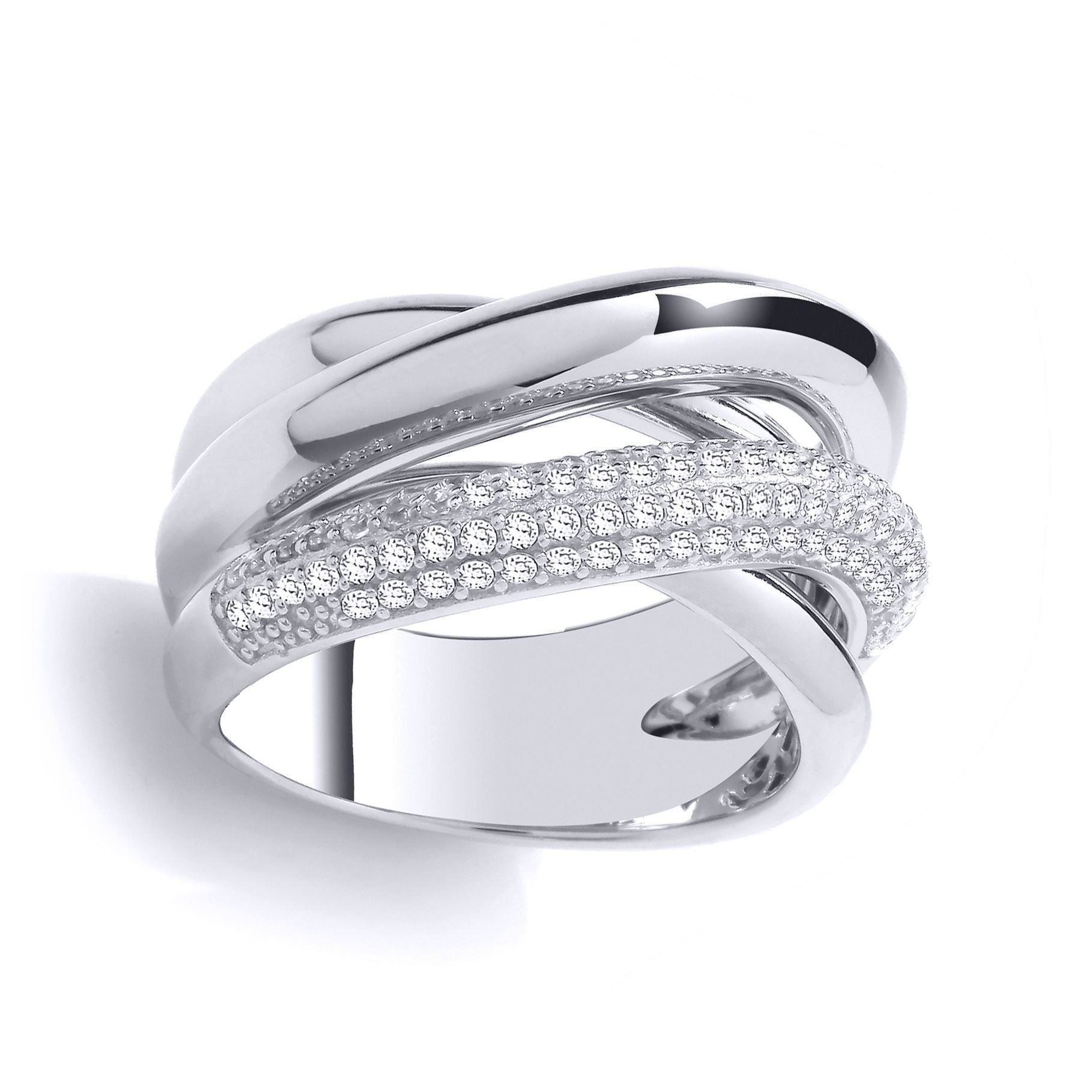 925 Sterling Silver  CZ 3 Way Pave Crossover Russian Bond Ring - GVR979