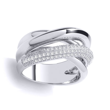 925 Sterling Silver  CZ 3 Way Pave Crossover Russian Bond Ring - GVR979