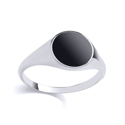 Mens 925 Sterling Silver  Black Onyx Round Flat Disc Signet Ring - GVR985
