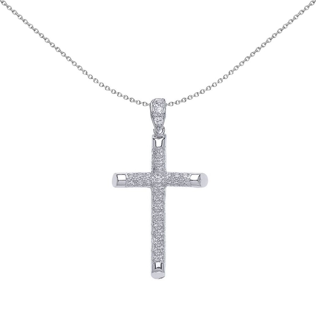 Sterling Silver  CZ Bullet Tipped Pave Cross Pendant Necklace - GVX035