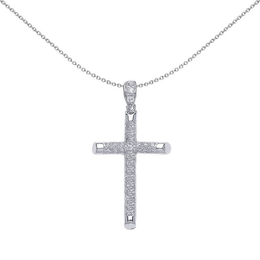 Sterling Silver  CZ Bullet Tipped Pave Cross Pendant Necklace - GVX035