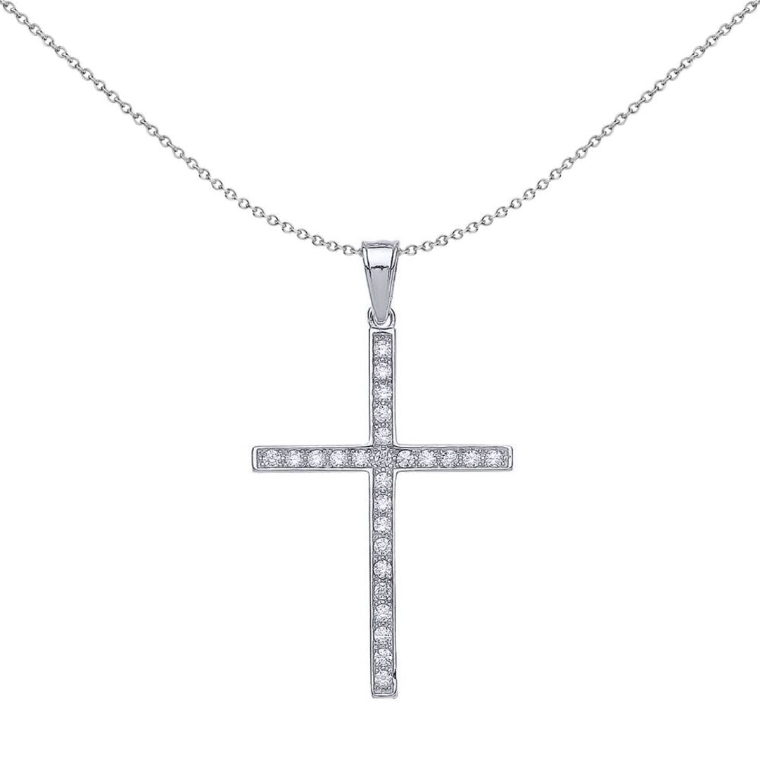 Silver  CZ Pave Cross Pendant Necklace - GVX036