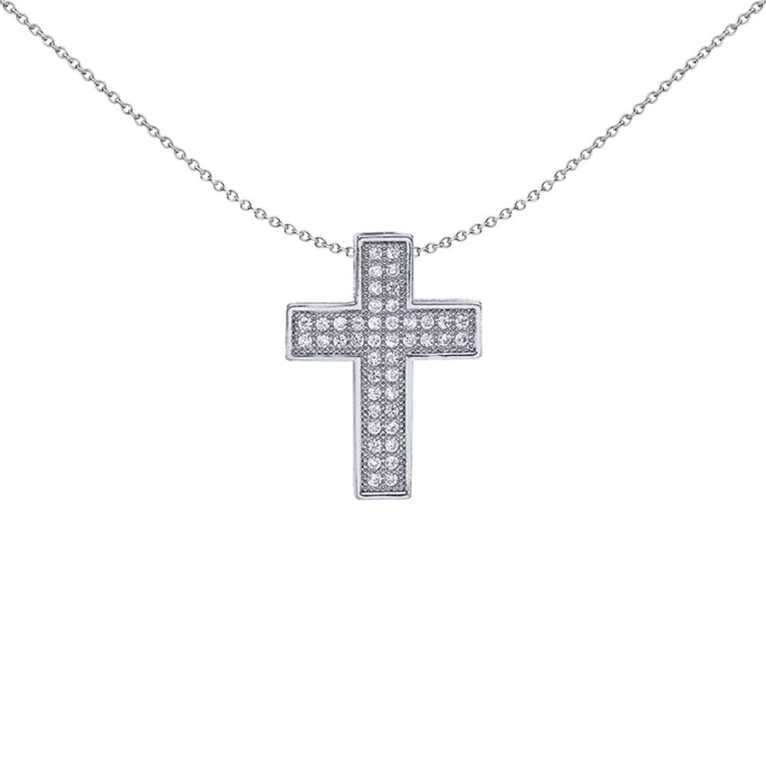 Silver  CZ Pave Cross Pendant Necklace - GVX037