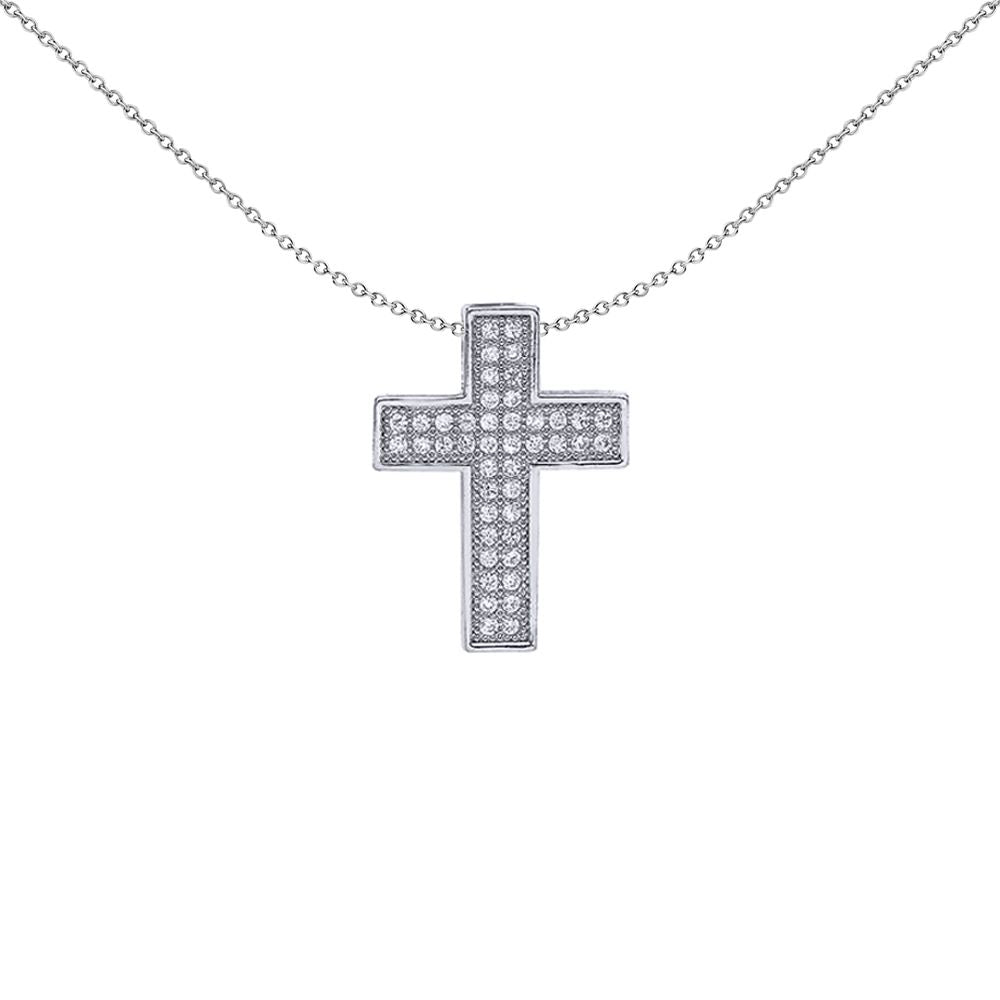Silver  CZ Pave Cross Pendant Necklace 18 inch - GVX037
