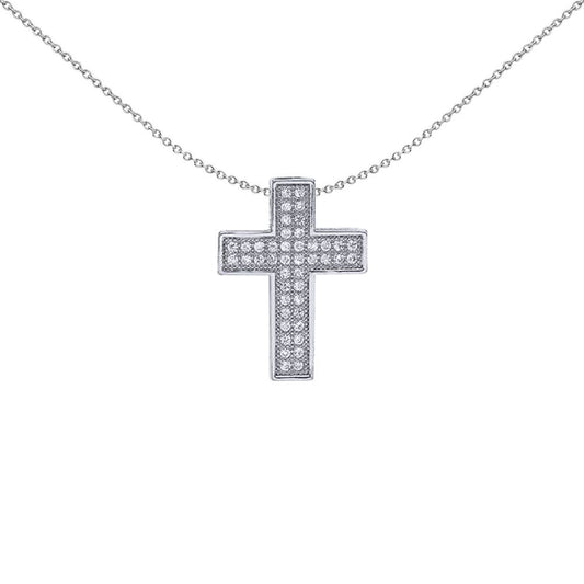 Sterling Silver  CZ Art Deco 2 Row Pave Cross Pendant Necklace - GVX037