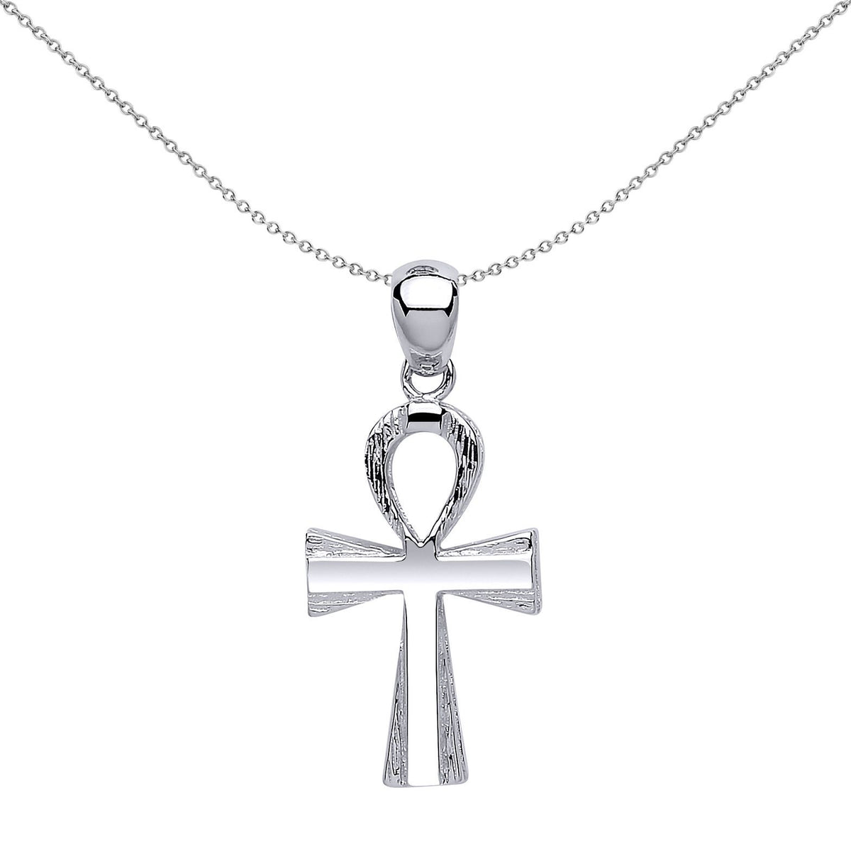 Sterling Silver  Egyptian Barked Ankh Cross Pendant Necklace - GVX040