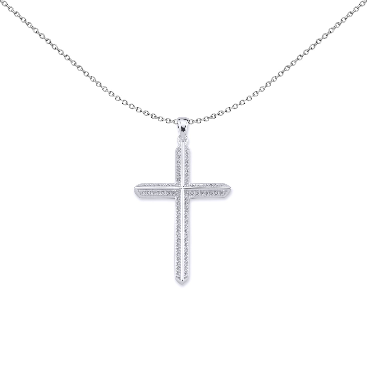 Unisex Silver  CZ Prism Angled Cross Pendant Necklace 18 inch - GVX041
