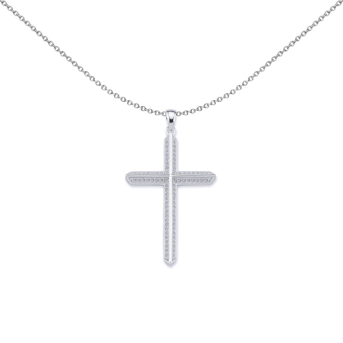 Unisex Silver  CZ Prism Angled Cross Pendant Necklace - GVX041