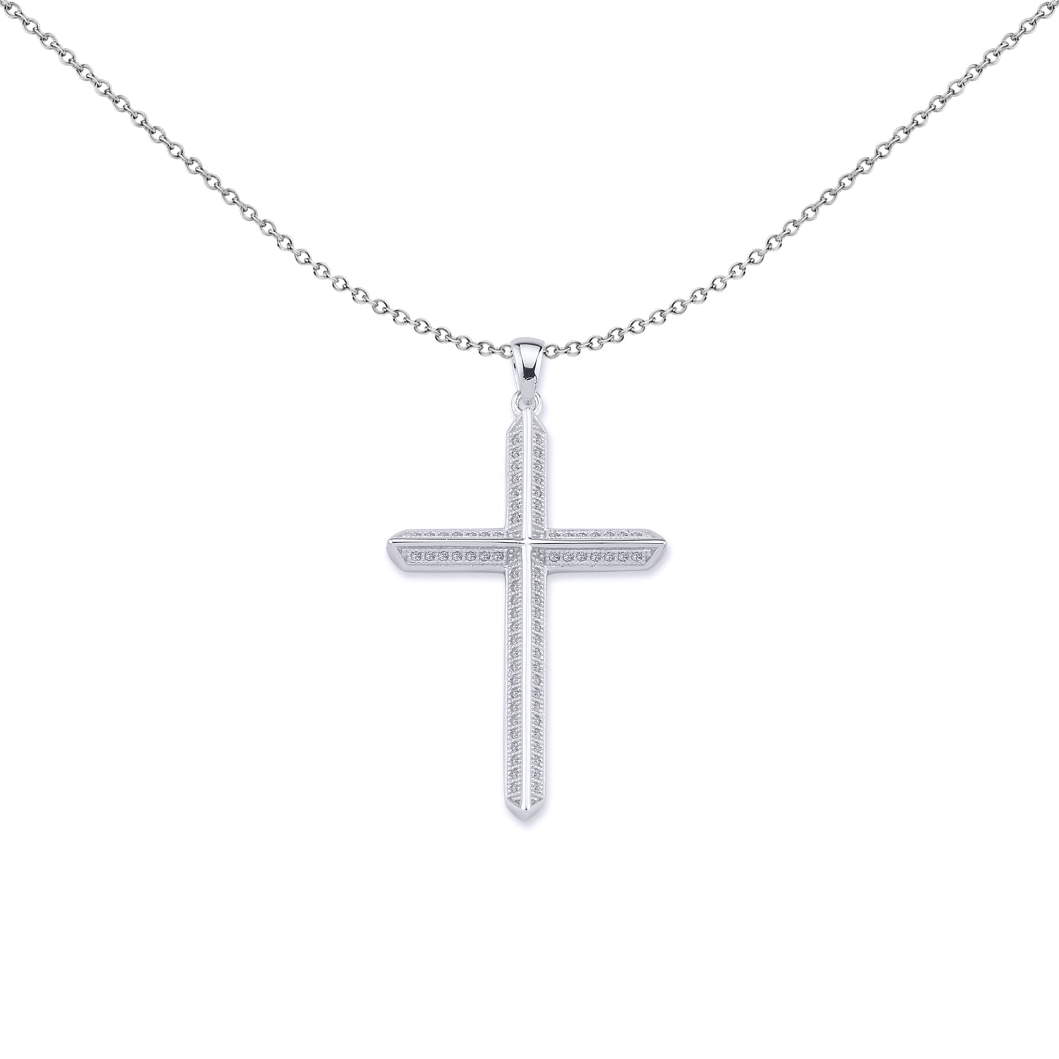 Unisex Silver  CZ Prism Angled Cross Pendant Necklace 18 inch - GVX041