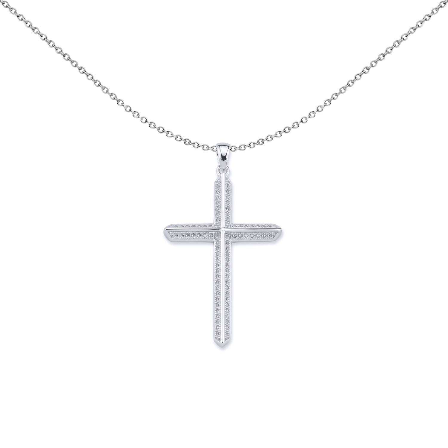 Unisex Silver  CZ Prism Angled Cross Pendant Necklace - GVX041