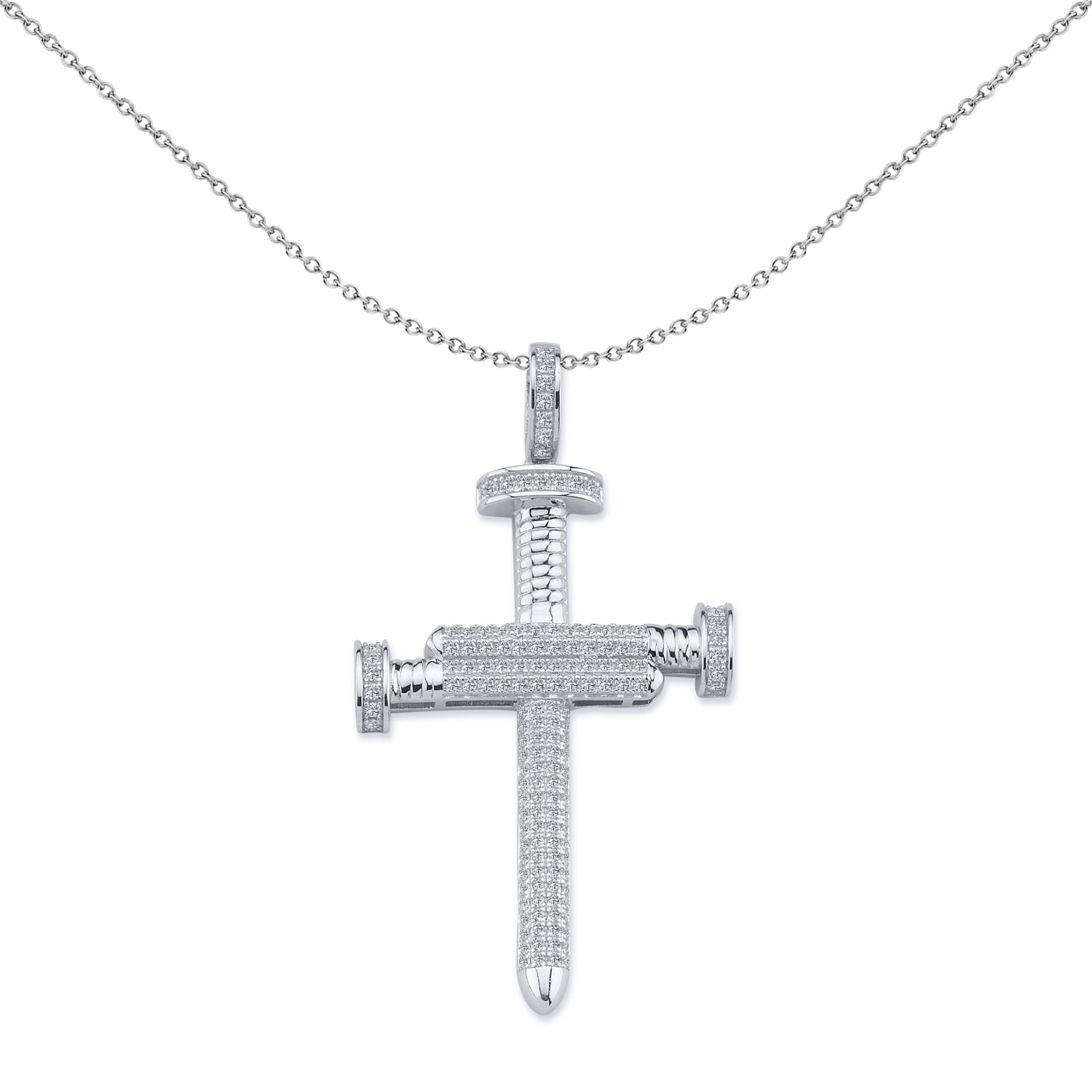 Unisex Silver  CZ Screw Nails Cross Pendant Necklace 18 inch - GVX042