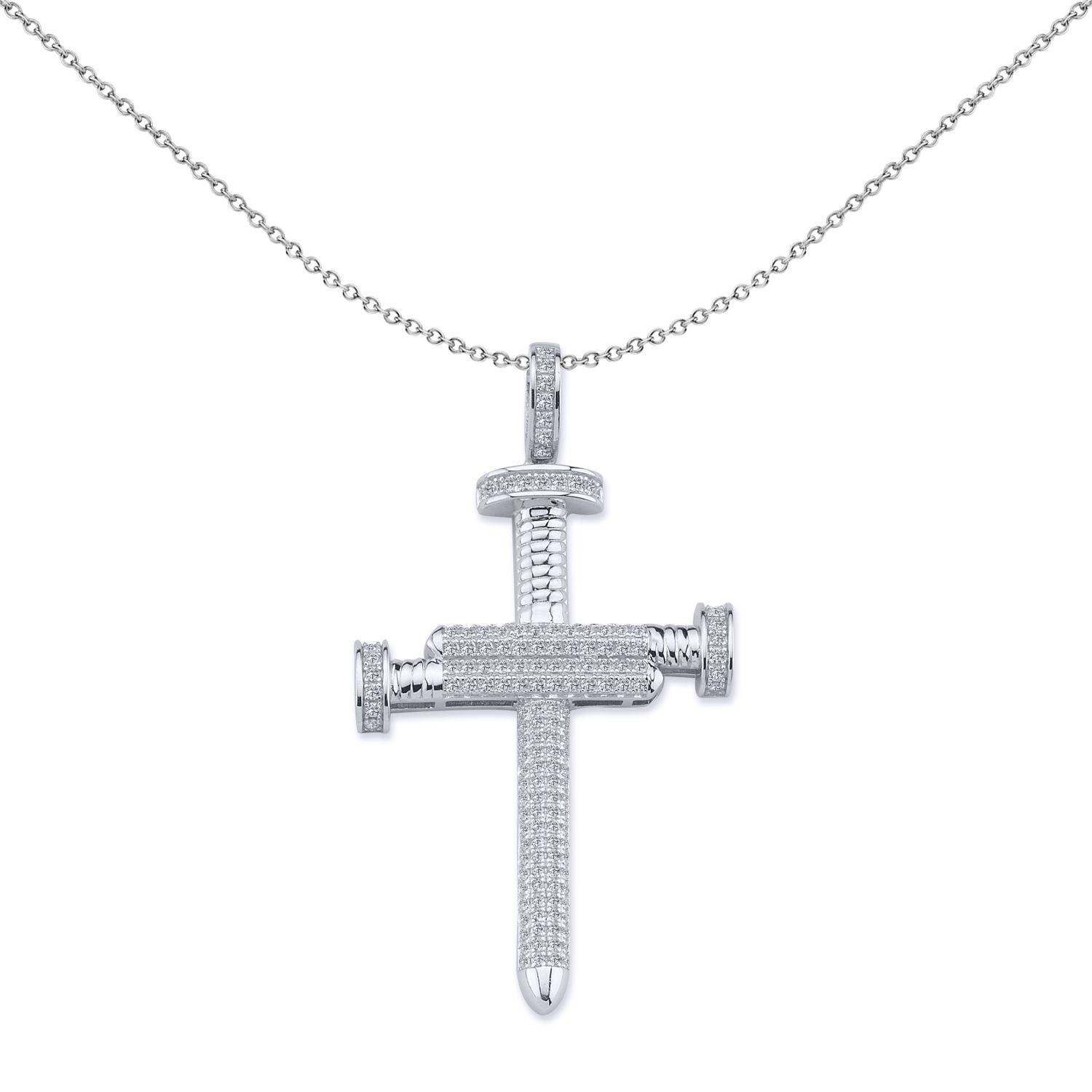 Unisex Silver  CZ Screw Nails Cross Pendant Necklace - GVX042