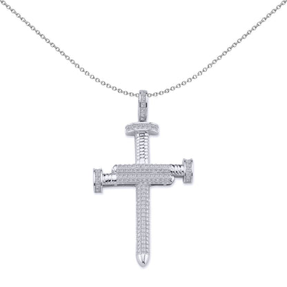 Unisex Silver  CZ Screw Nails Cross Pendant Necklace - GVX042