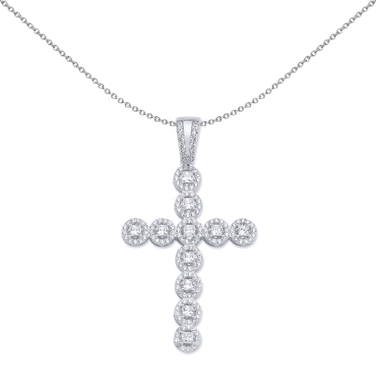 Silver  Princess Cut CZ Bubble Halo Cross Necklace 18 inch - GVX043