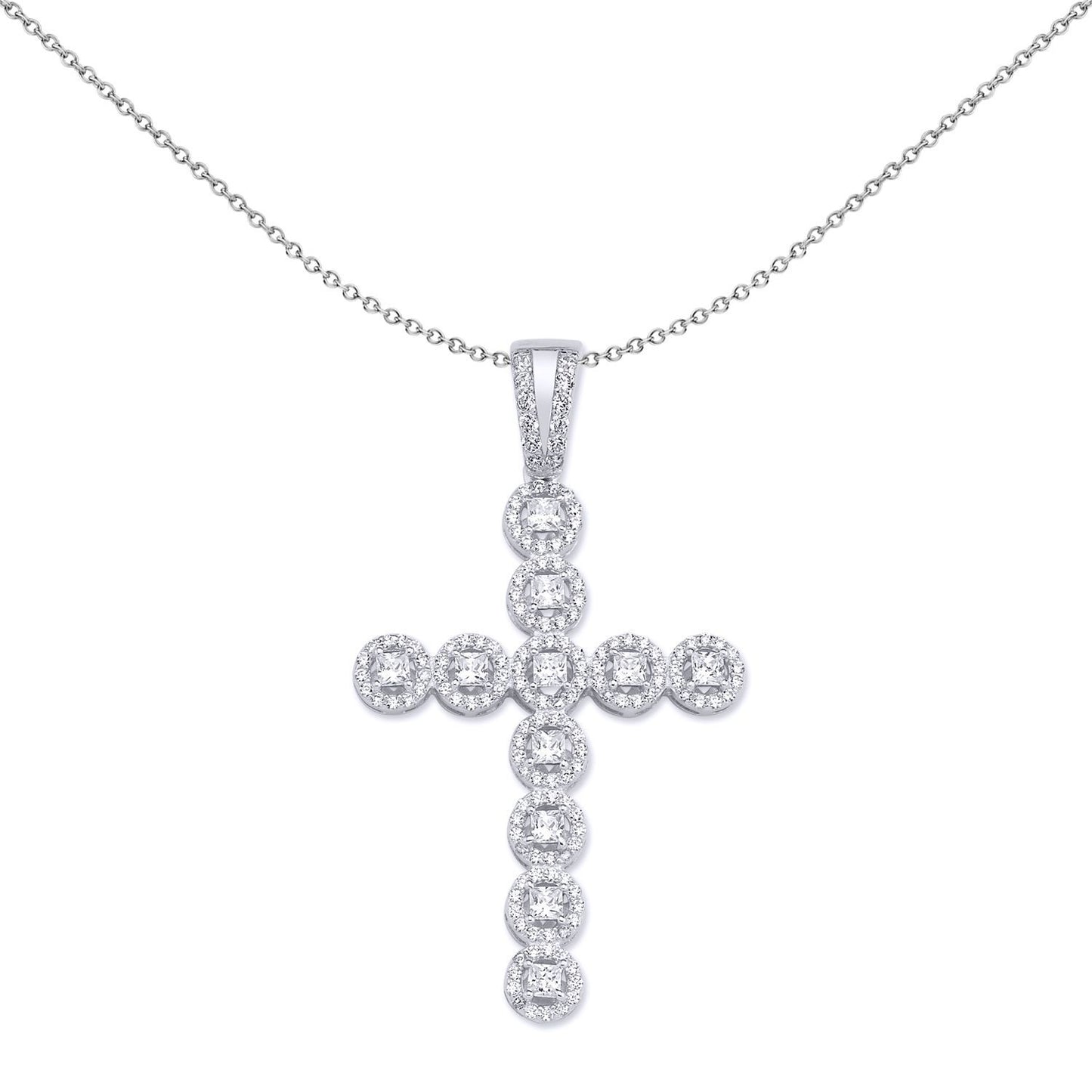 Silver  Princess Cut CZ Bubble Halo Cross Necklace - GVX043
