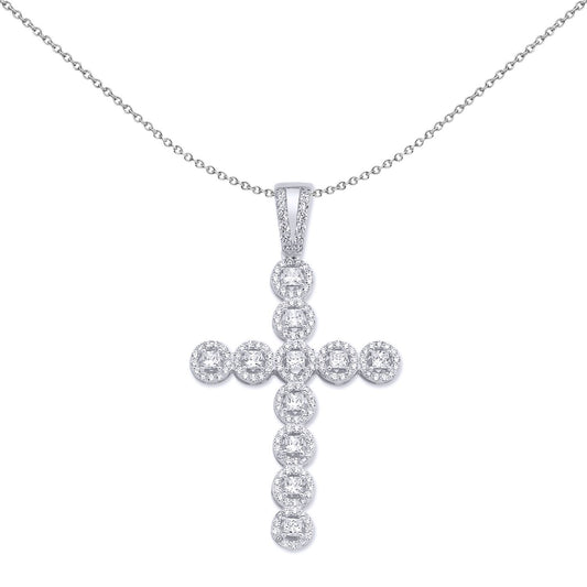 Silver  Princess Cut CZ Bubble Halo Cross Necklace 18 inch - GVX043