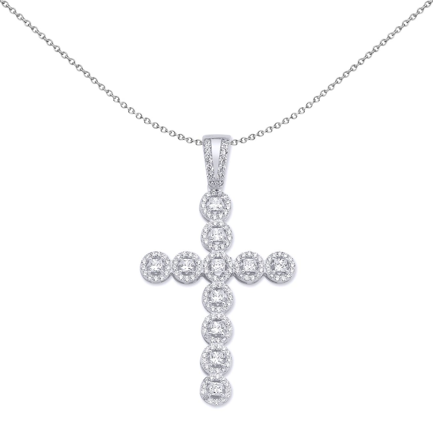 Silver  Princess Cut CZ Bubble Halo Cross Necklace 18 inch - GVX043