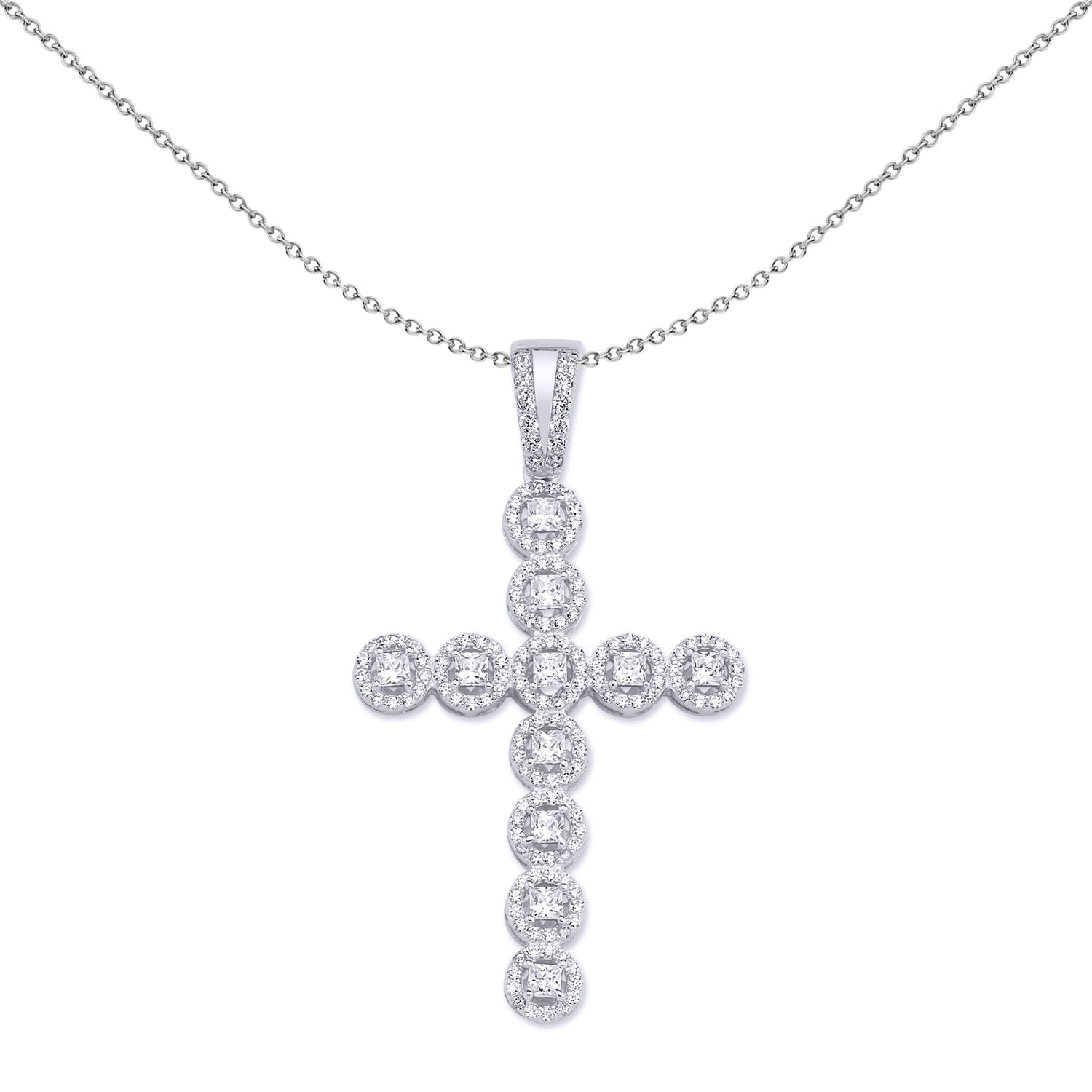 Silver  Princess Cut CZ Bubble Halo Cross Necklace 18 inch - GVX043
