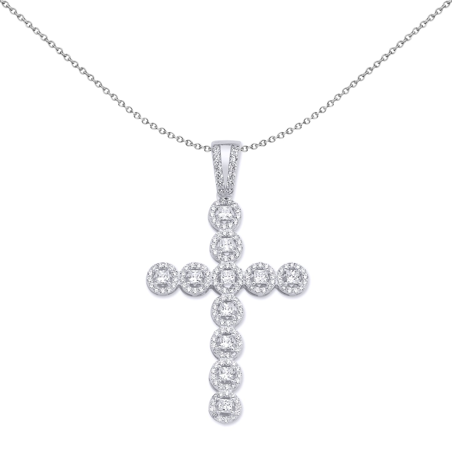 Silver  Princess Cut CZ Bubble Halo Cross Necklace 18 inch - GVX043