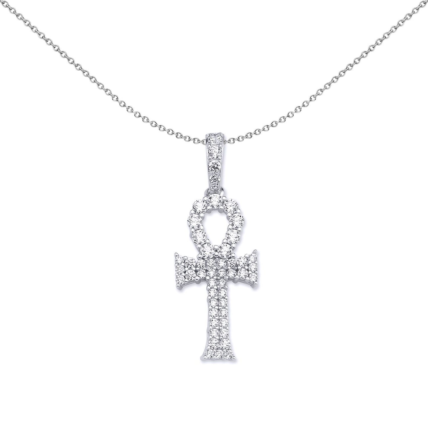 Silver  CZ Encrusted Ankh Cross Pendant Necklace - GVX044