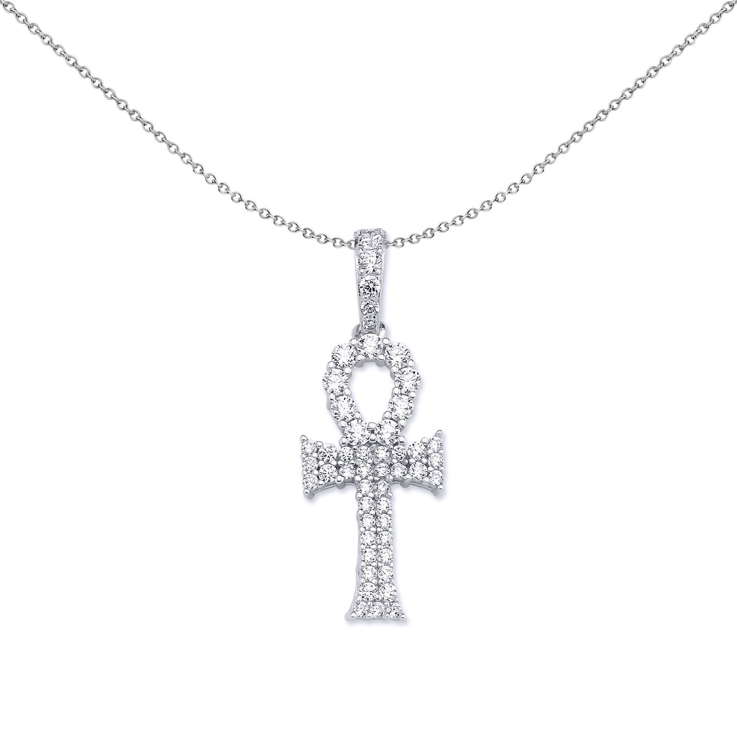 Silver  CZ Encrusted Ankh Cross Pendant Necklace - GVX044