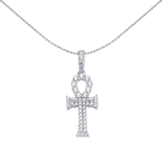 Silver  CZ Encrusted Ankh Cross Pendant Necklace - GVX044