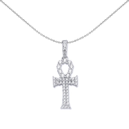 Silver  CZ Encrusted Ankh Cross Pendant Necklace 18 inch - GVX044