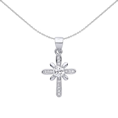 Silver  CZ Sun Rays Cross Pendant Necklace 18 inch - GVX045