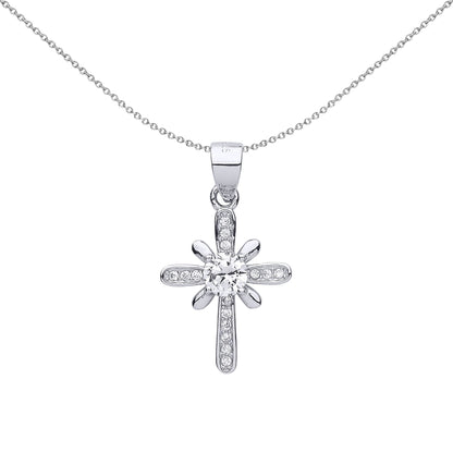 Sterling Silver  CZ Navette Petals Sun Rays Cross Pendant Necklace - GVX045