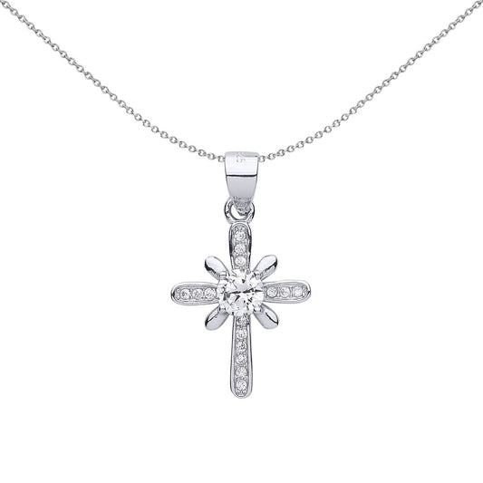 Sterling Silver  CZ Navette Petals Sun Rays Cross Pendant Necklace - GVX045