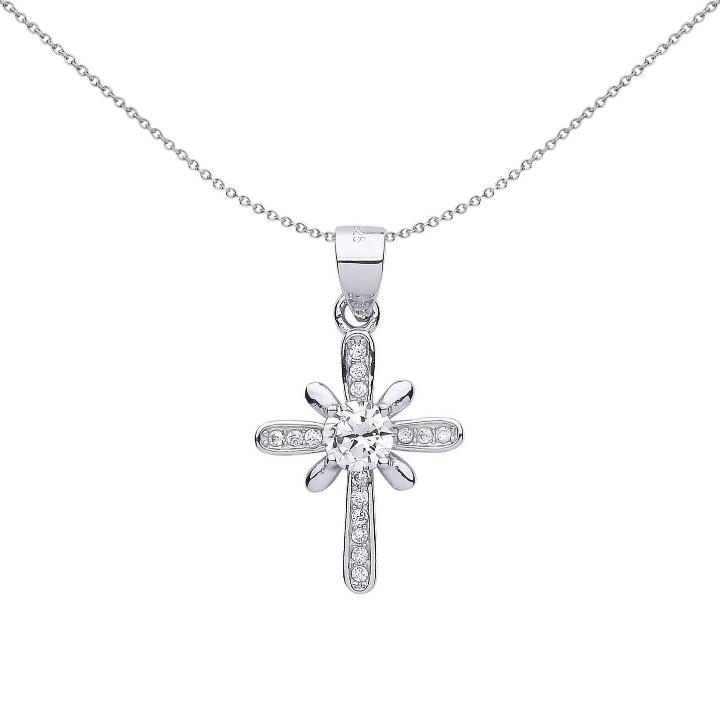Silver  CZ Sun Rays Cross Pendant Necklace - GVX045