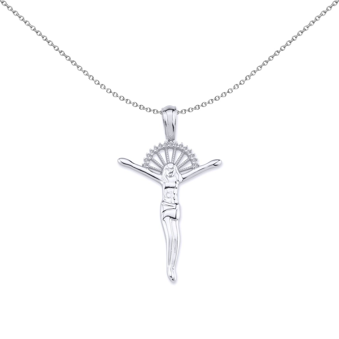 Unisex Silver  CZ Sun Rays Crucifix Cross Necklace 18 inch - GVX046