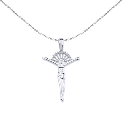 Unisex Silver  CZ Sun Rays Crucifix Cross Necklace 18 inch - GVX046