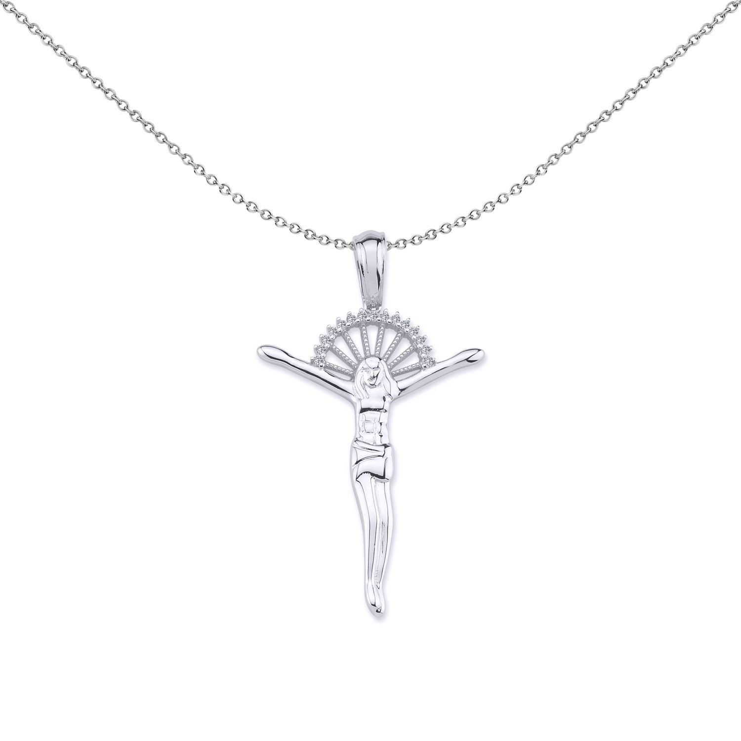Unisex Silver  CZ Sun Rays Crucifix Cross Necklace 18 inch - GVX046
