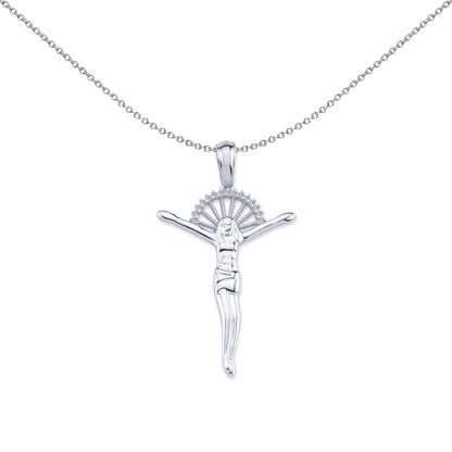 Unisex Silver  CZ Sun Rays Crucifix Cross Necklace - GVX046