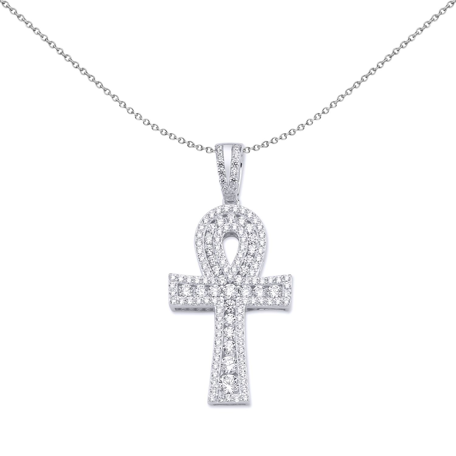 Unisex Silver  CZ Encrusted Ankh Cross Pendant Necklace 18 inch - GVX050