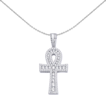 Unisex Silver  CZ Encrusted Ankh Cross Pendant Necklace 18 inch - GVX050