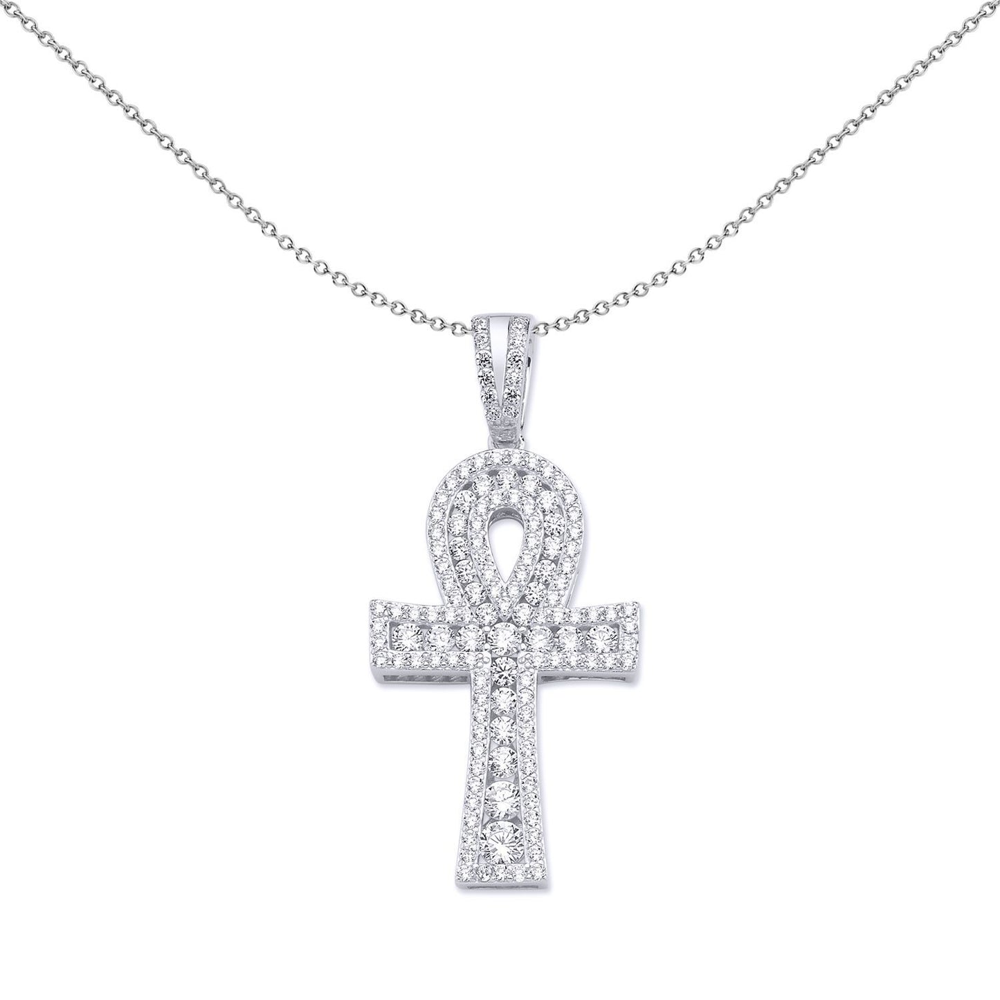 Unisex Silver  CZ Encrusted Ankh Cross Pendant Necklace - GVX050