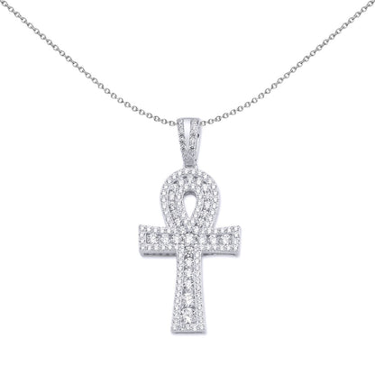 Unisex Silver  CZ Encrusted Ankh Cross Pendant Necklace - GVX050