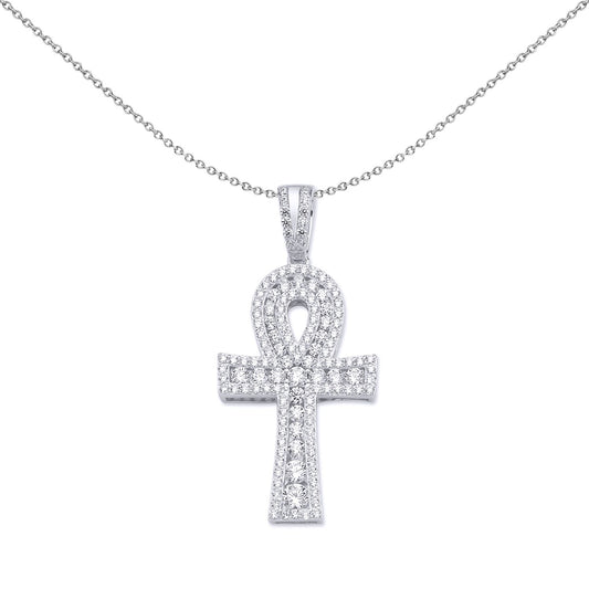 Unisex Silver  CZ Encrusted Ankh Cross Pendant Necklace 18 inch - GVX050