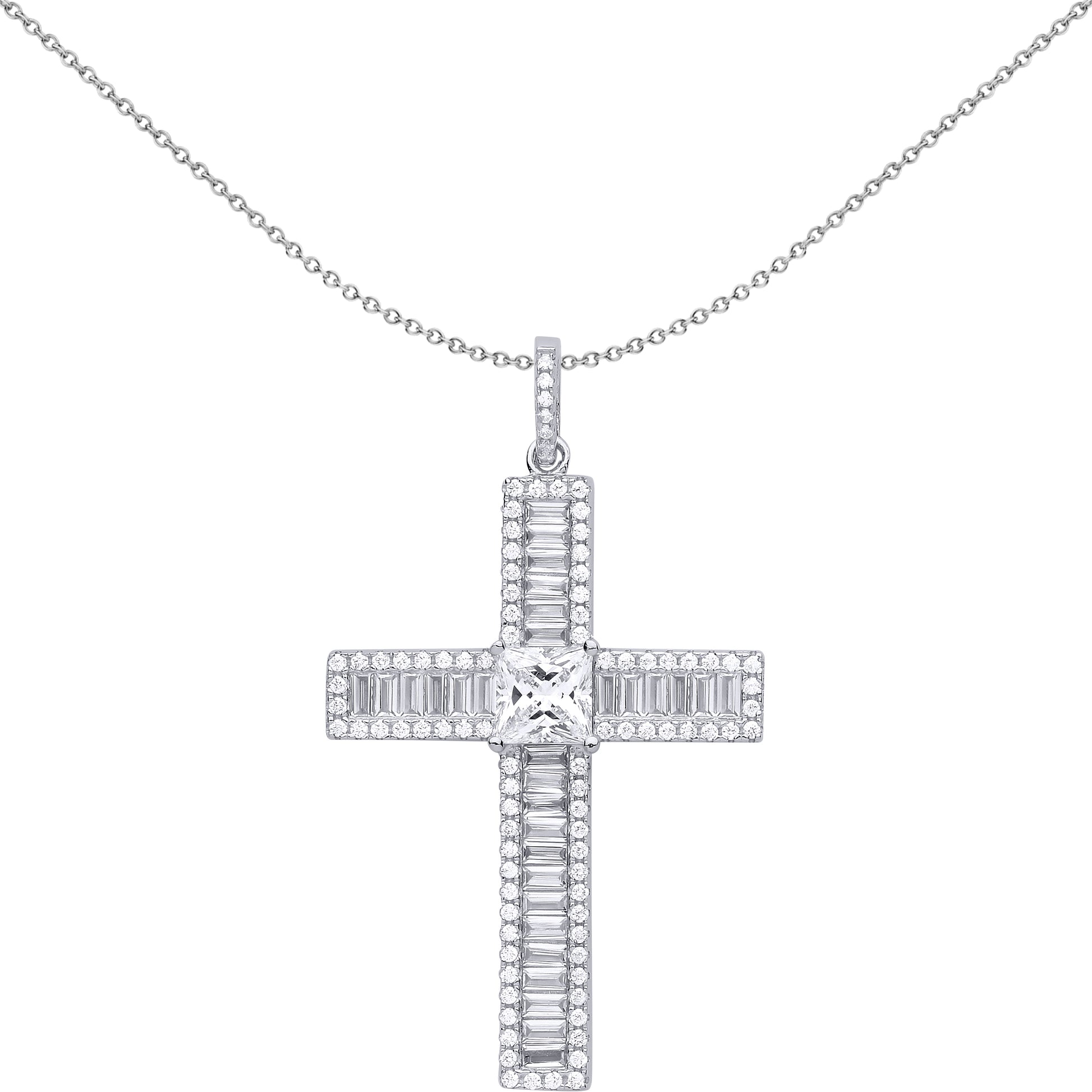 Silver  Princess Cut CZ Vanity Mirror Style Cross Necklace 18" - GVX054