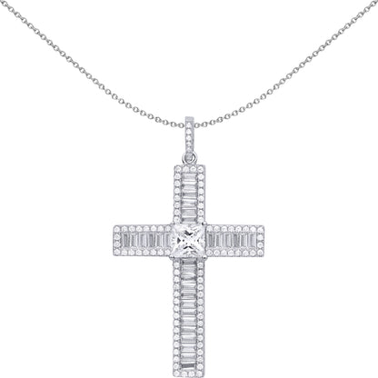 Silver  Princess Cut CZ Vanity Mirror Style Cross Necklace 18" - GVX054