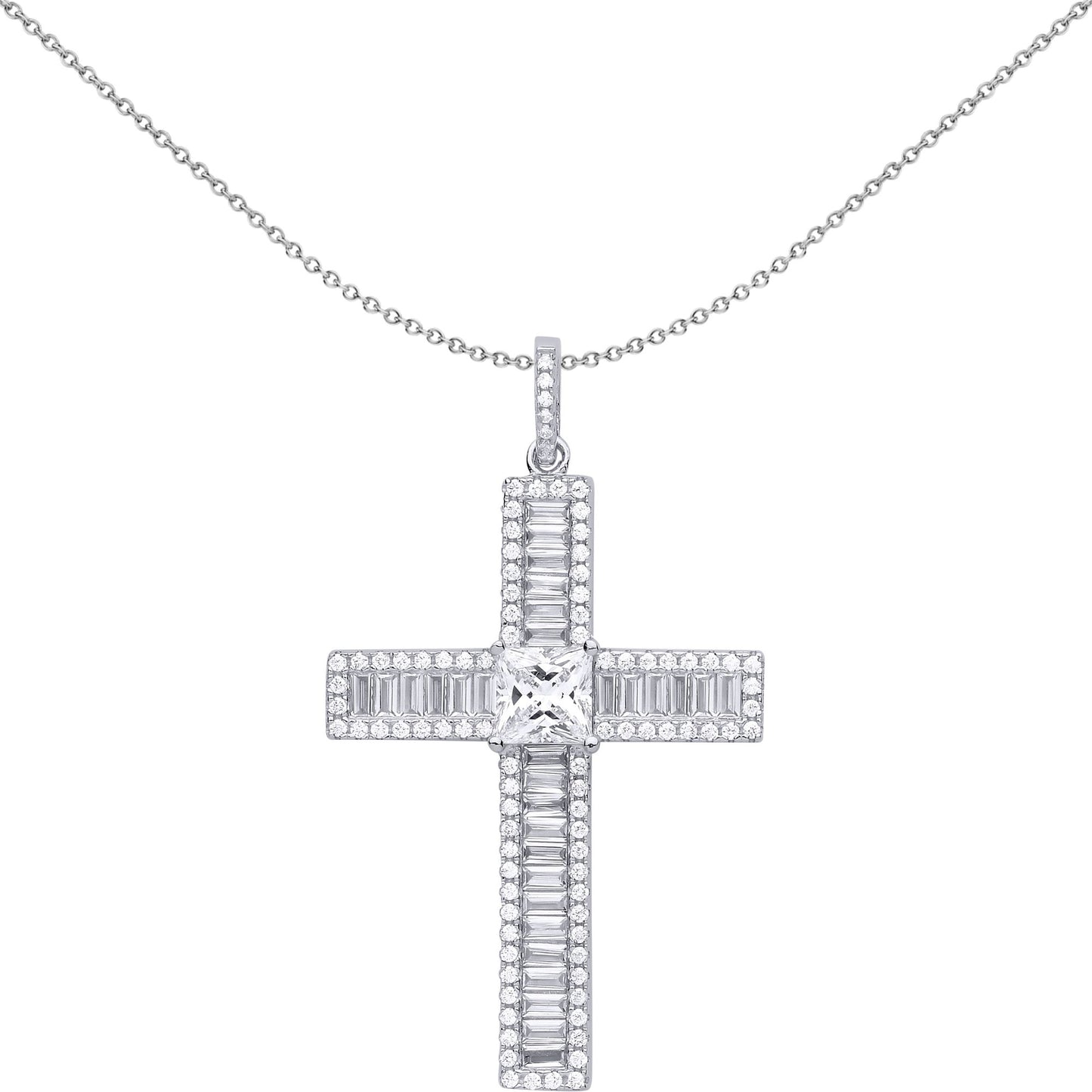 Unisex Silver  Princess CZ Vanity Mirror Style Cross Pendant - GVX054
